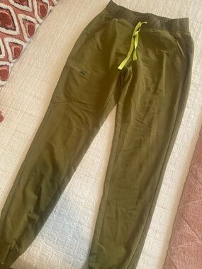 Figs womens Zamora Olive Jogger scrub Pants with Neon Lime Drawstring